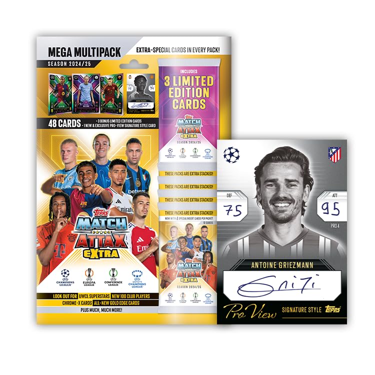 Topps Match Attax Extra 2025 Mega Multipack - 52 kaarten, waaronder 3 willekeurige X Factor LE-kaarten en een exclusieve Pro-View-kaart in kenmerkende stijl