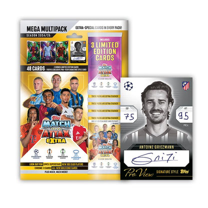Topps Match Attax Extra 2025 Mega Multipack - 52 kaarten, waaronder 3 willekeurige X Factor LE-kaarten en een exclusieve Pro-View-kaart in kenmerkende stijl