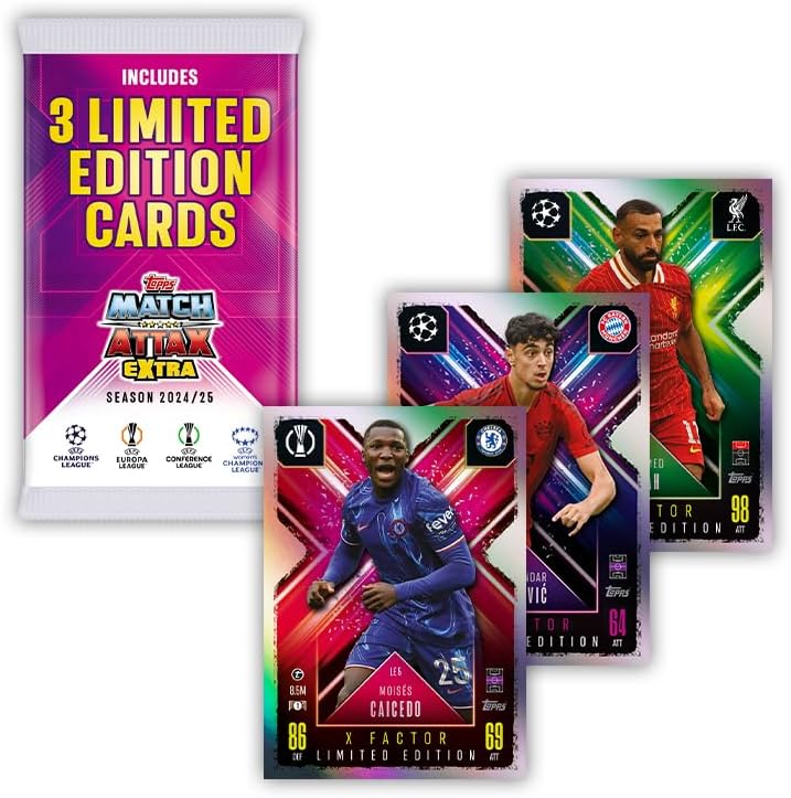 Topps Match Attax Extra 2025 Mega Multipack - 52 kaarten, waaronder 3 willekeurige X Factor LE-kaarten en een exclusieve Pro-View-kaart in kenmerkende stijl