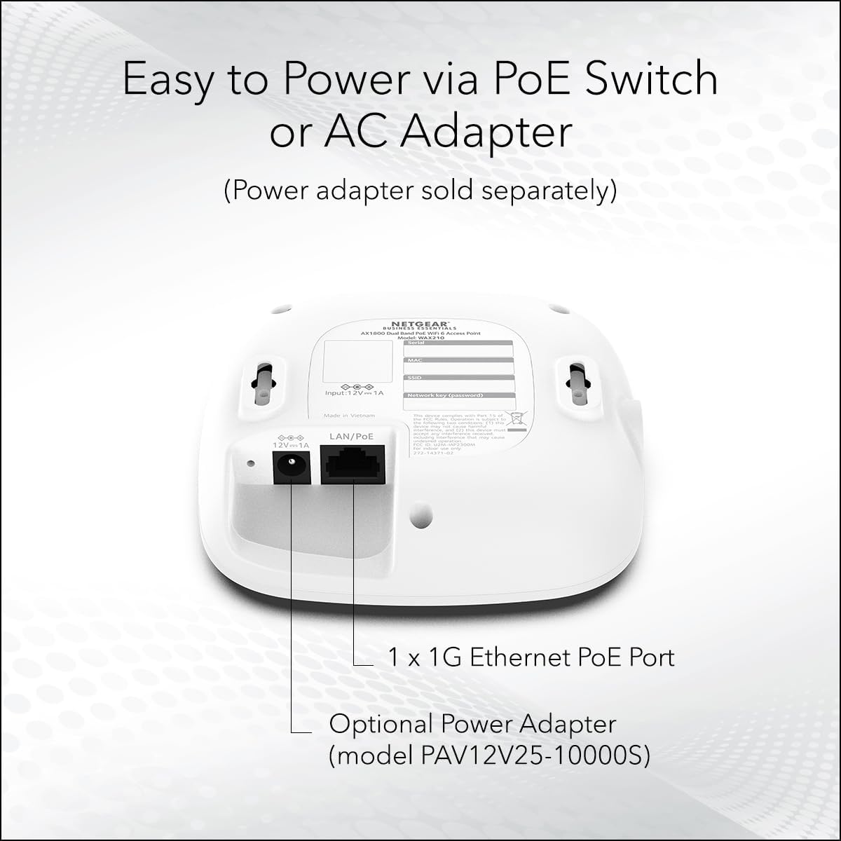 NETGEAR Wireless Access Point WAX210 - WiFi 6 Dual Band PoE Access Point AX1800 Wireless Speed