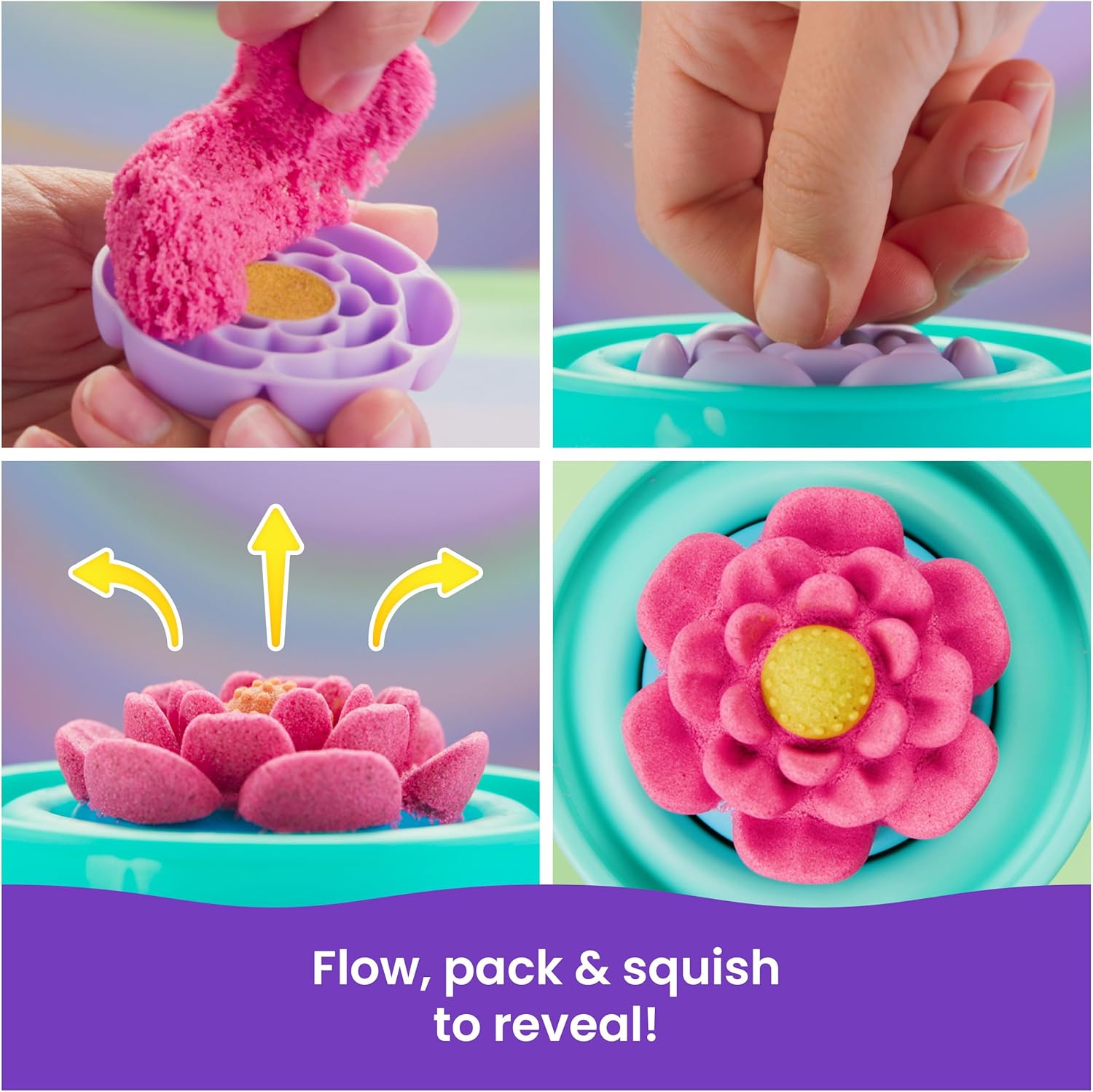 Kinetic Sand, SquishBlossom Blooming Flower with 227g Neon Yellow and Pink Play Sand, Pot and Moulds, Gifts for Mum and Kids, Arts and Crafts Sensory Toys