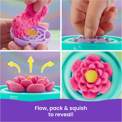 Kinetic Sand, SquishBlossom Blooming Flower with 227g Neon Yellow and Pink Play Sand, Pot and Moulds, Gifts for Mum and Kids, Arts and Crafts Sensory Toys