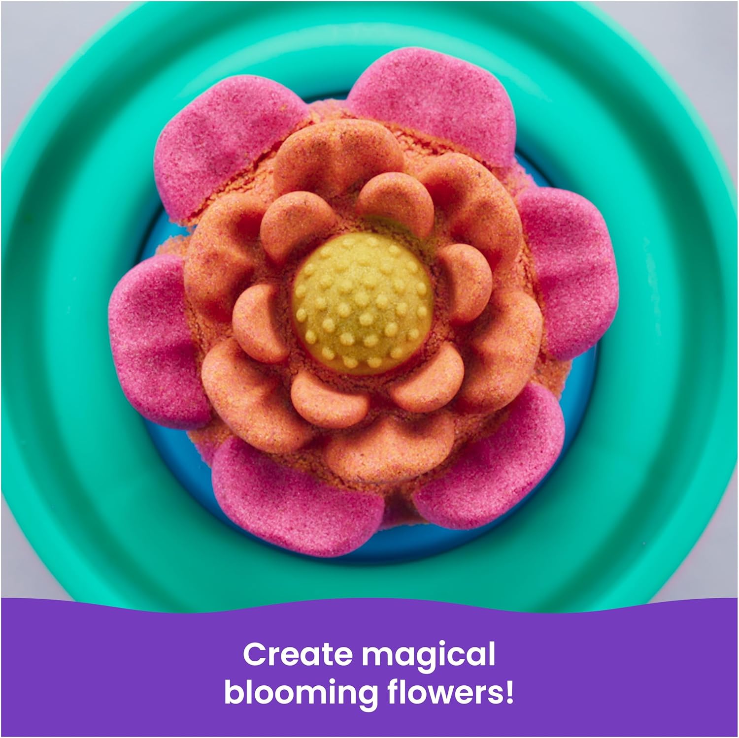 Kinetic Sand, SquishBlossom Blooming Flower with 227g Neon Yellow and Pink Play Sand, Pot and Moulds, Gifts for Mum and Kids, Arts and Crafts Sensory Toys