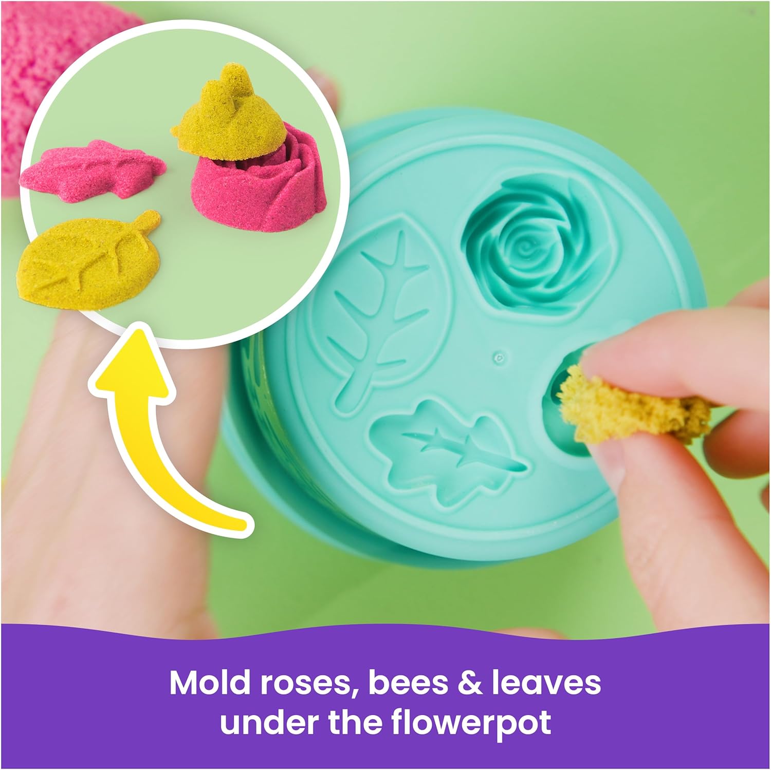 Kinetic Sand, SquishBlossom Blooming Flower with 227g Neon Yellow and Pink Play Sand, Pot and Moulds, Gifts for Mum and Kids, Arts and Crafts Sensory Toys