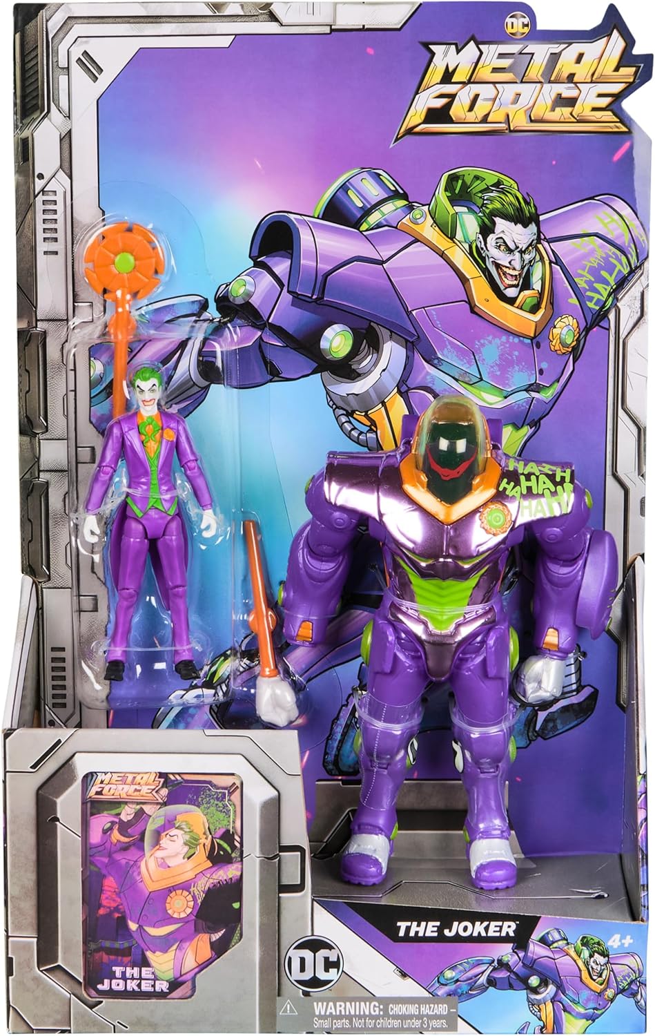 DC Comics, Metal Force The Joker Actionfigur, 15,2 cm mit 10,2 cm Minifigur, eingebautem Blaster und Rüstungsanzug, Superhelden-Kinderspielzeug für Jungen und Mädchen ab 4 Jahren