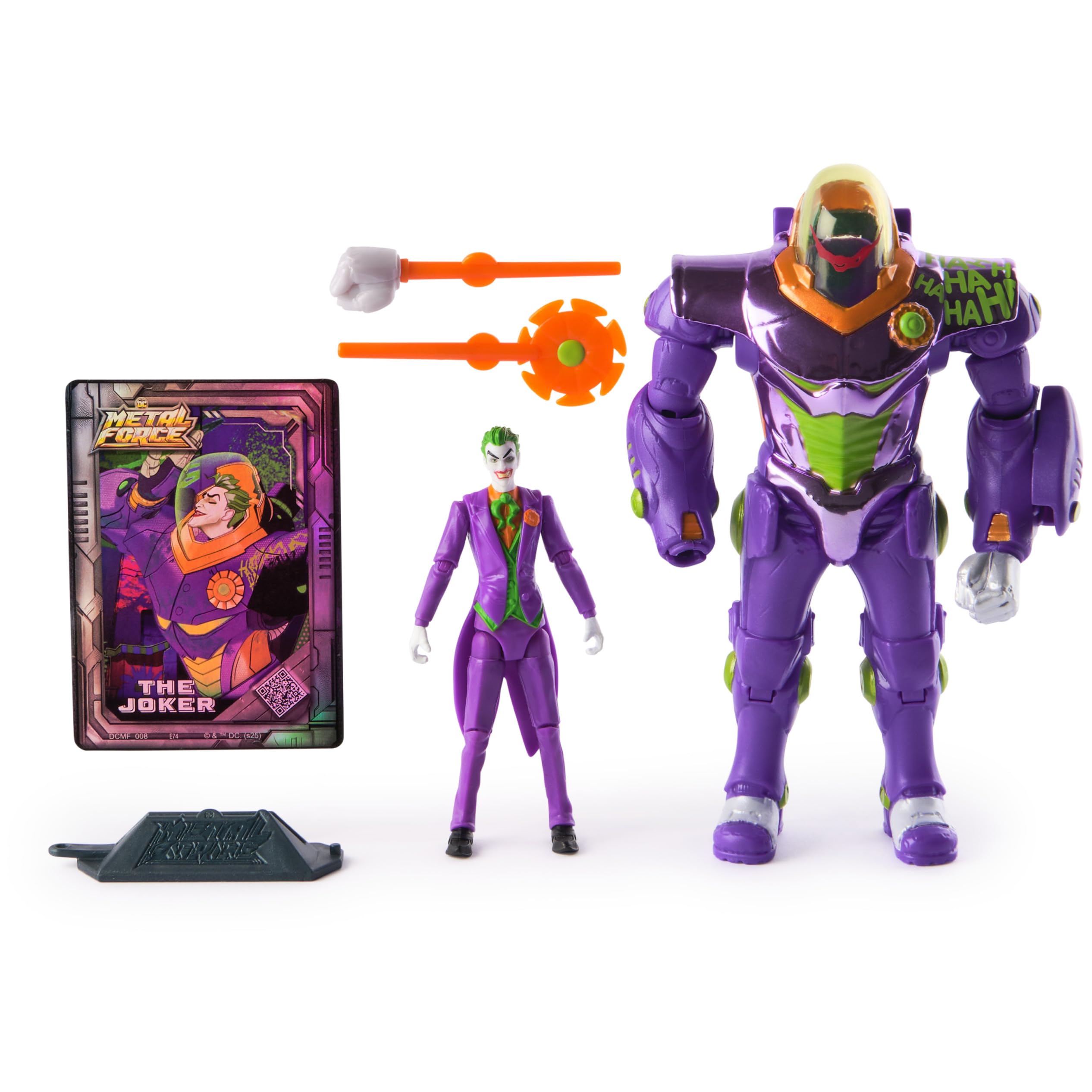 DC Comics, Metal Force The Joker Actionfigur, 15,2 cm mit 10,2 cm Minifigur, eingebautem Blaster und Rüstungsanzug, Superhelden-Kinderspielzeug für Jungen und Mädchen ab 4 Jahren