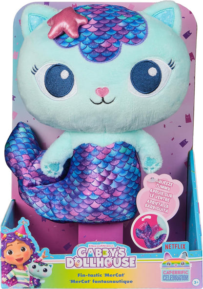 Gabby’s Dollhouse, Fin-Tastic MerCat, Premium Plush Toy, 25cm-Tall Stuffed Animal with Moving Mermaid Tail, Kids’ Toys for Girls & Boys Aged 3+