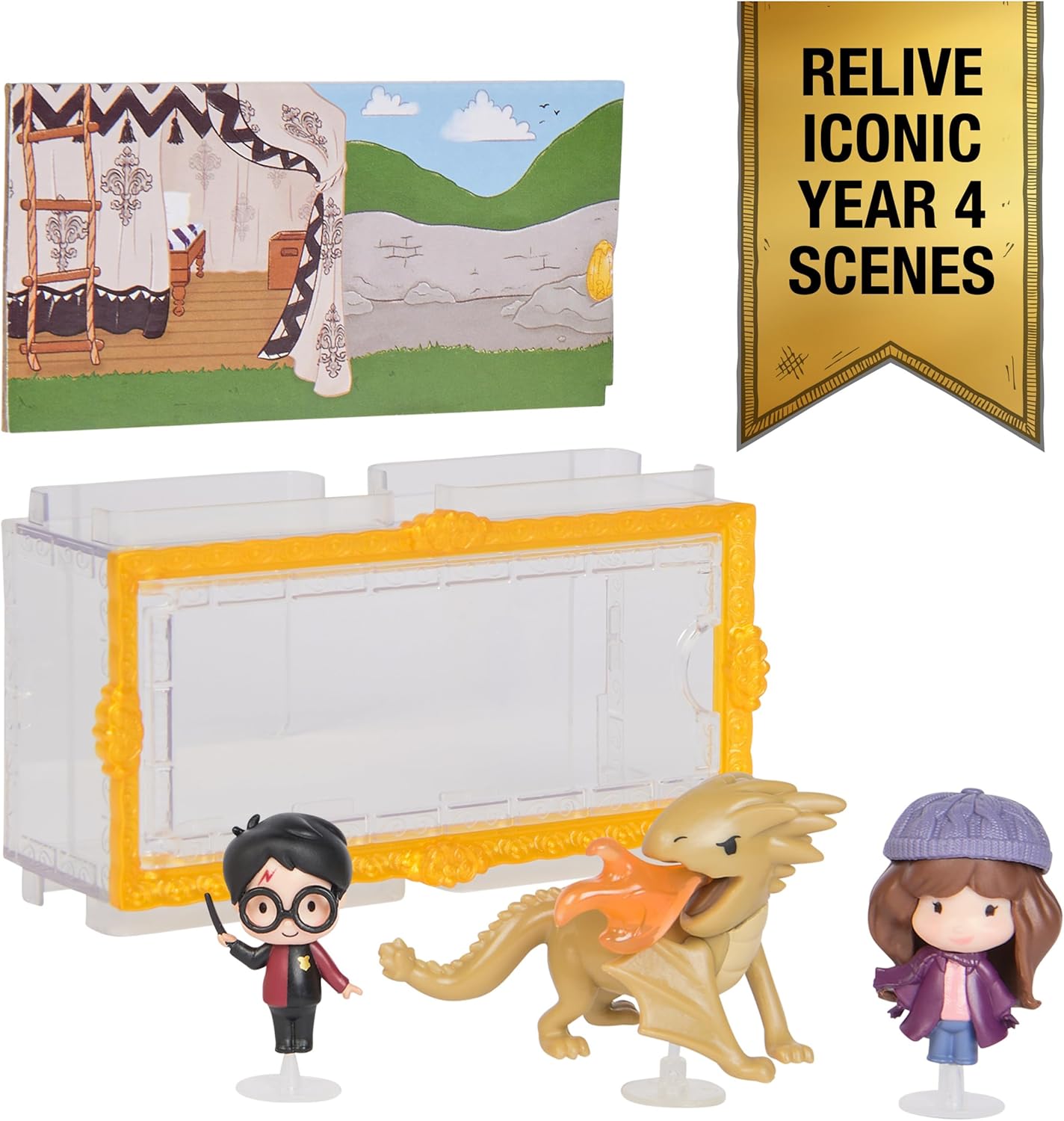 Wizarding World Harry Potter, Micro Magical Moments Year 4 Set with Harry, Hermione & Hungarian Horntail Dragon Toy & Display Case, Kids Toys