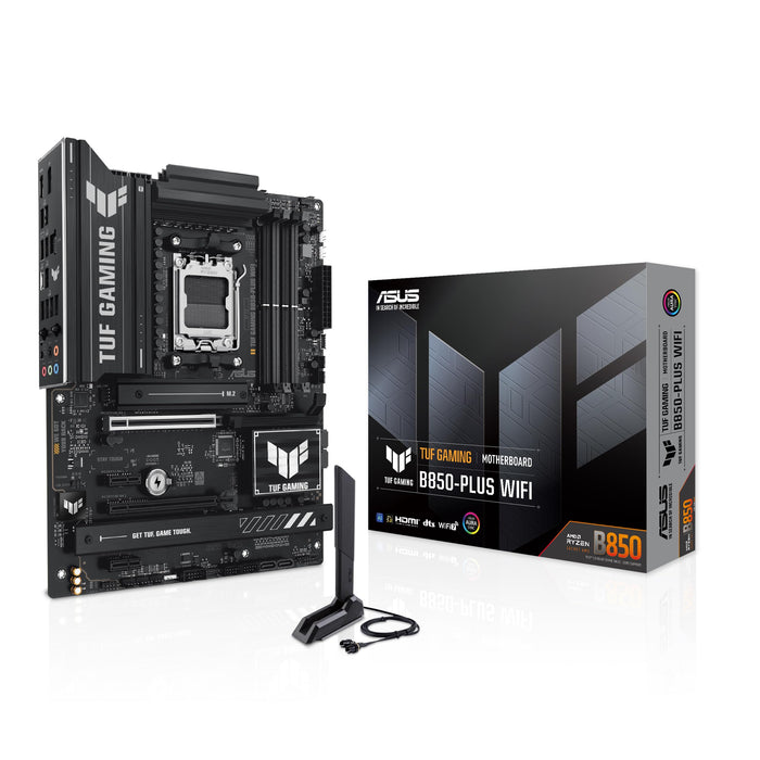 ASUS TUF GAMING B850-PLUS WIFI AMD ATX motherboard, 14+2+1 80A DrMOS power stages, DDR5, PCIe 5.0 Ready, 3xM.2 slots, Wi-Fi 7, Realtek 2.5Gb Ethernet, DisplayPort, HDMI, USB 20Gbps Type-C, Aura Sync