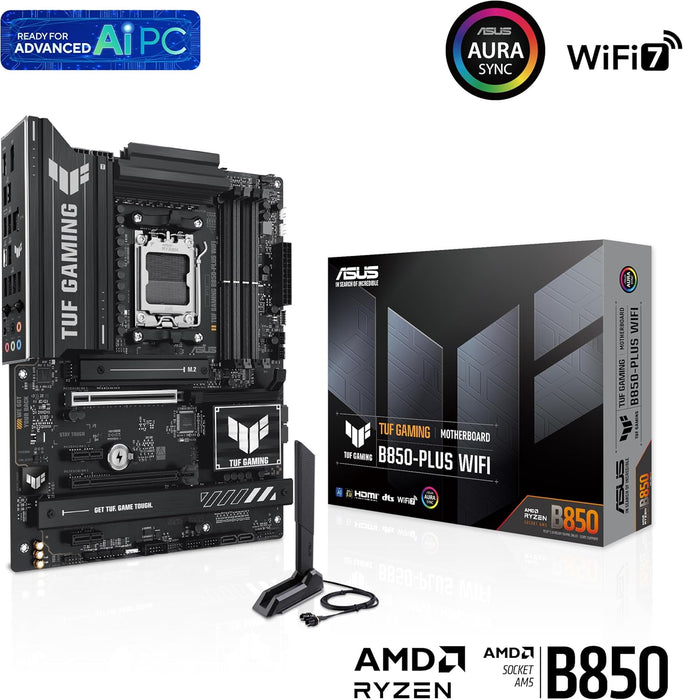 ASUS TUF GAMING B850-PLUS WIFI AMD ATX motherboard, 14+2+1 80A DrMOS power stages, DDR5, PCIe 5.0 Ready, 3xM.2 slots, Wi-Fi 7, Realtek 2.5Gb Ethernet, DisplayPort, HDMI, USB 20Gbps Type-C, Aura Sync