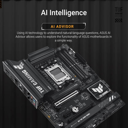 ASUS TUF GAMING B850-PLUS WIFI AMD ATX motherboard, 14+2+1 80A DrMOS power stages, DDR5, PCIe 5.0 Ready, 3xM.2 slots, Wi-Fi 7, Realtek 2.5Gb Ethernet, DisplayPort, HDMI, USB 20Gbps Type-C, Aura Sync