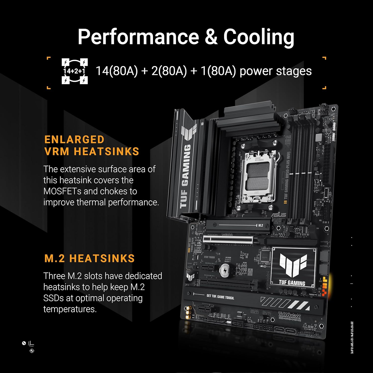 ASUS TUF GAMING B850-PLUS WIFI AMD ATX motherboard, 14+2+1 80A DrMOS power stages, DDR5, PCIe 5.0 Ready, 3xM.2 slots, Wi-Fi 7, Realtek 2.5Gb Ethernet, DisplayPort, HDMI, USB 20Gbps Type-C, Aura Sync