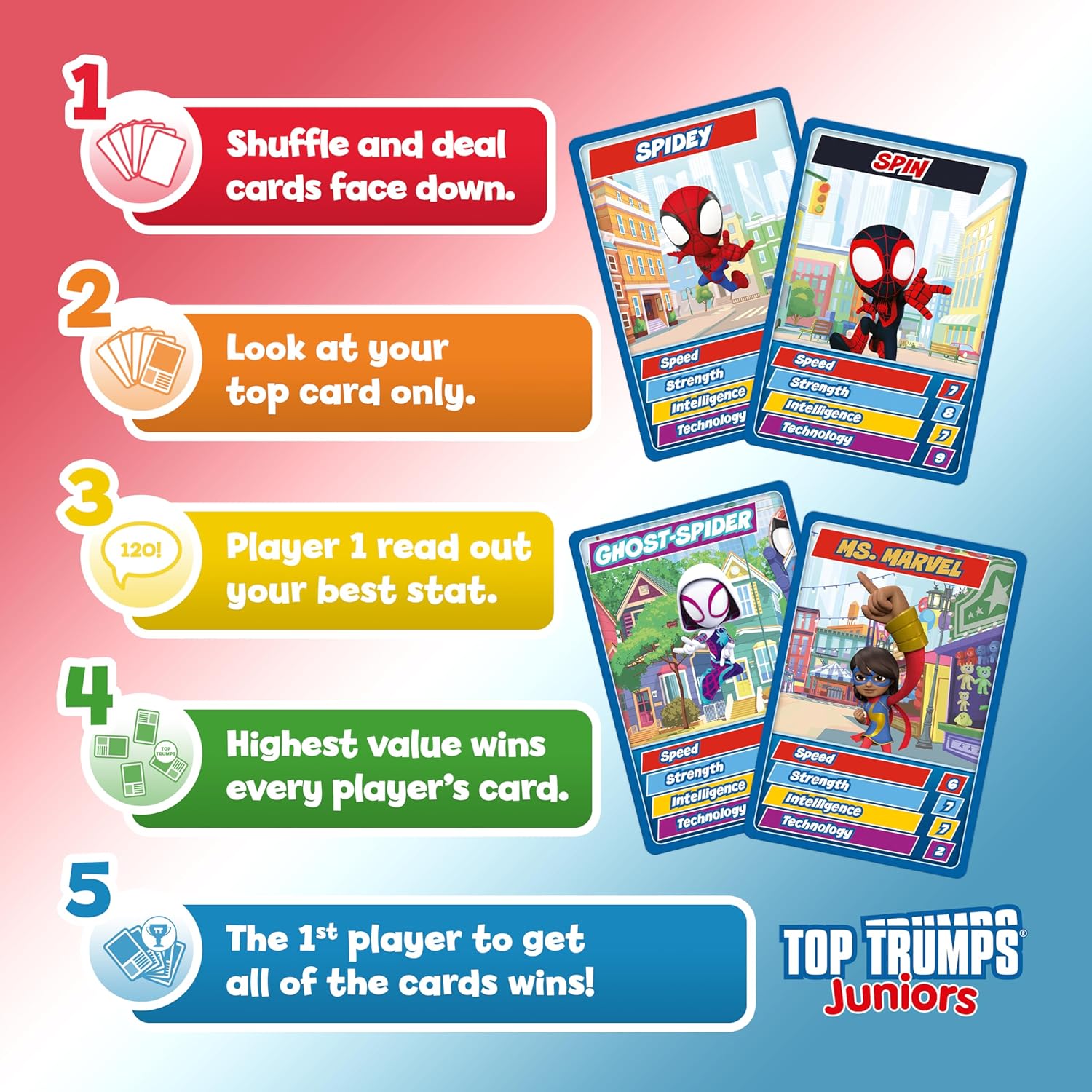 Top Trumps Spidey and Friends Junior Optimal for Players Aged 3 plus and Easy to Hold for Small Hands to Take Everywhere,Kid's favourite characters Iron Man, Spidey and Miles Morales