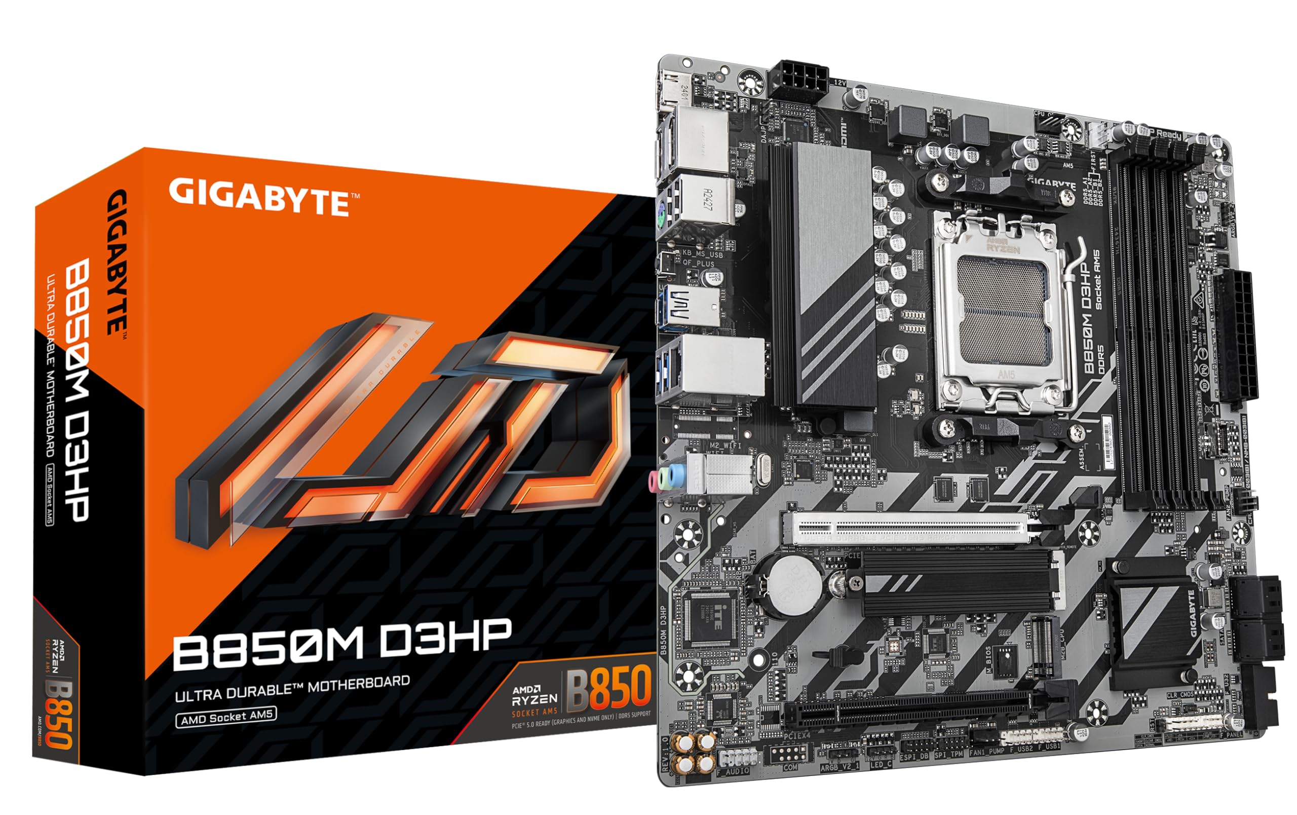 GIGABYTE B850M D3HP Motherboard - AMD Ryzen 9000 Series CPUs, 5+2+2 Phases Digital VRM, up to 8200MHz DDR5 (OC), 1xPCIe 5.0 + 1xPCIe 4.0 M.2, GbE LAN, USB 3.2 Gen 2