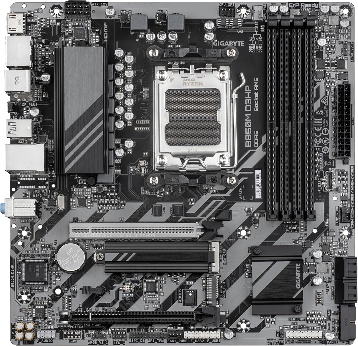 GIGABYTE B850M D3HP Motherboard - AMD Ryzen 9000 Series CPUs, 5+2+2 Phases Digital VRM, up to 8200MHz DDR5 (OC), 1xPCIe 5.0 + 1xPCIe 4.0 M.2, GbE LAN, USB 3.2 Gen 2