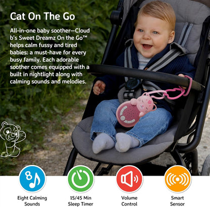 Cloud b Reise-Soundmaschine mit beruhigendem Licht, 4 weiße Geräusche und 4 Schlaflieder, reaktivierender intelligenter Sensor, Sweet Dreamz Cat