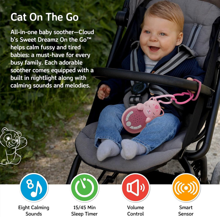 Cloud b Reise-Soundmaschine mit beruhigendem Licht, 4 weiße Geräusche und 4 Schlaflieder, reaktivierender intelligenter Sensor, Sweet Dreamz Cat