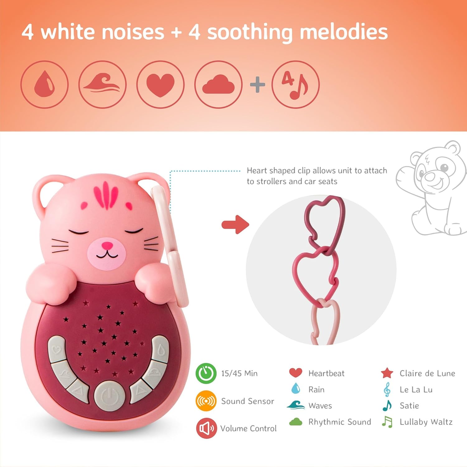 Cloud b Reise-Soundmaschine mit beruhigendem Licht, 4 weiße Geräusche und 4 Schlaflieder, reaktivierender intelligenter Sensor, Sweet Dreamz Cat
