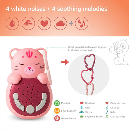 Cloud b Reise-Soundmaschine mit beruhigendem Licht, 4 weiße Geräusche und 4 Schlaflieder, reaktivierender intelligenter Sensor, Sweet Dreamz Cat
