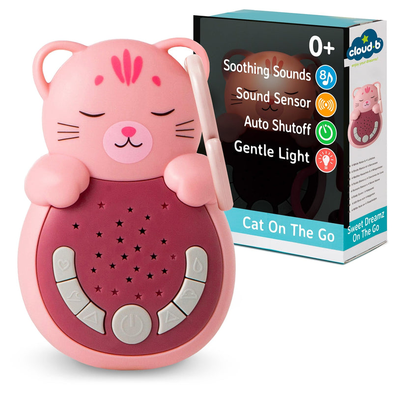 Cloud b Reise-Soundmaschine mit beruhigendem Licht, 4 weiße Geräusche und 4 Schlaflieder, reaktivierender intelligenter Sensor, Sweet Dreamz Cat