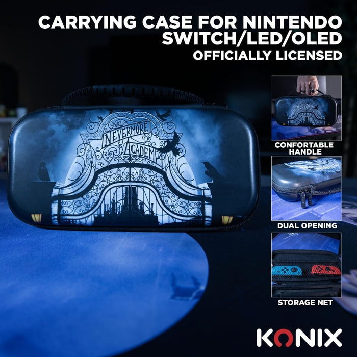 Konix Wednesday Schutz- und Transporthülle für Nintendo Switch, Switch Lite und Switch OLED - 8 Spiele - Nevermore Academy-Motiv - Schwarz