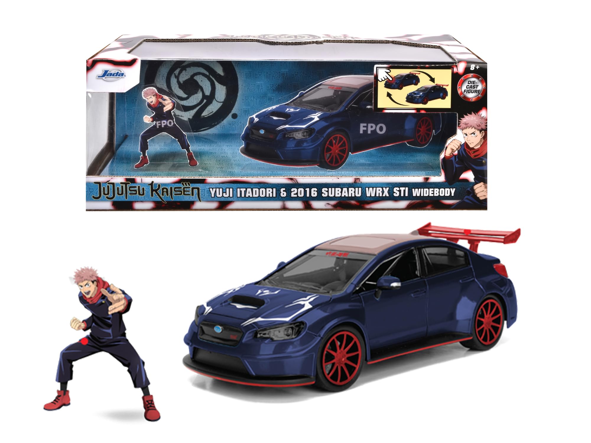 Jada Toys Jujutsu Kaisen - Figura Yuji Itadori con Modelo de Coche 2016 Subaru WRX STI Wideboy - Set de Figura de acción (7 cm) y Coche de Juguete (20 cm) para fanáticos del Manga y el Anime a Partir