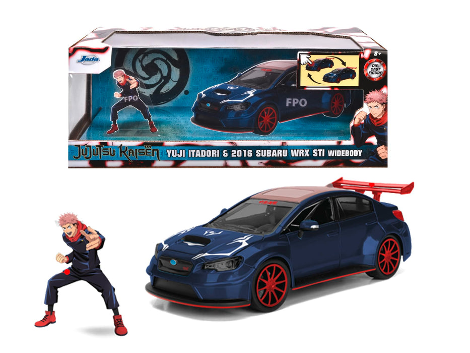 Jada Toys Jujutsu Kaisen - Figura Yuji Itadori con Modelo de Coche 2016 Subaru WRX STI Wideboy - Set de Figura de acción (7 cm) y Coche de Juguete (20 cm) para fanáticos del Manga y el Anime a Partir
