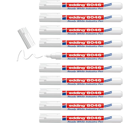 edding 8046 Ready white industry pen - white - 10 pens - round nib 1-3 mm - white permanent marker for marking and labelling metal, glass, stone or plastic - permanent & Smudge-proof