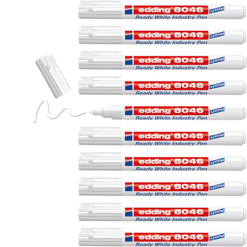 edding 8046 Ready white industry pen - white - 10 pens - round nib 1-3 mm - white permanent marker for marking and labelling metal, glass, stone or plastic - permanent & Smudge-proof