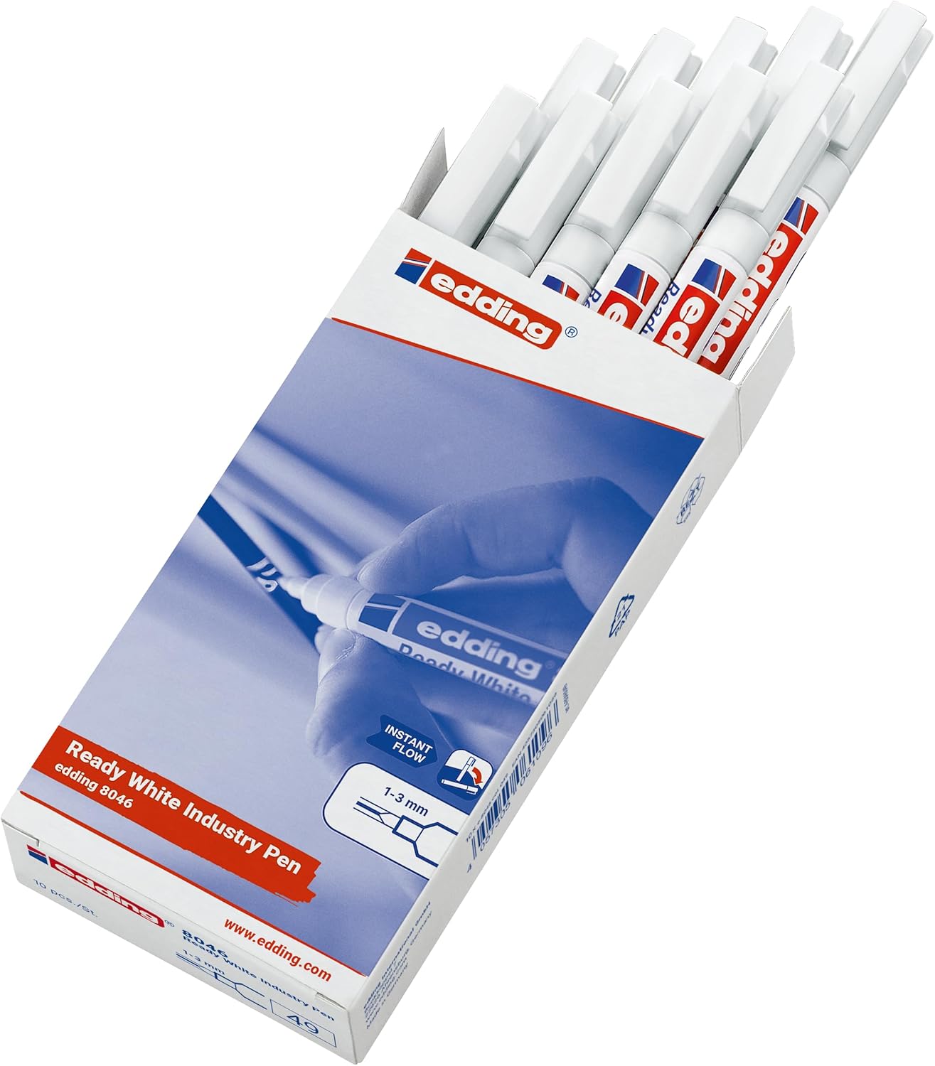 edding 8046 Ready white industry pen - white - 10 pens - round nib 1-3 mm - white permanent marker for marking and labelling metal, glass, stone or plastic - permanent & Smudge-proof