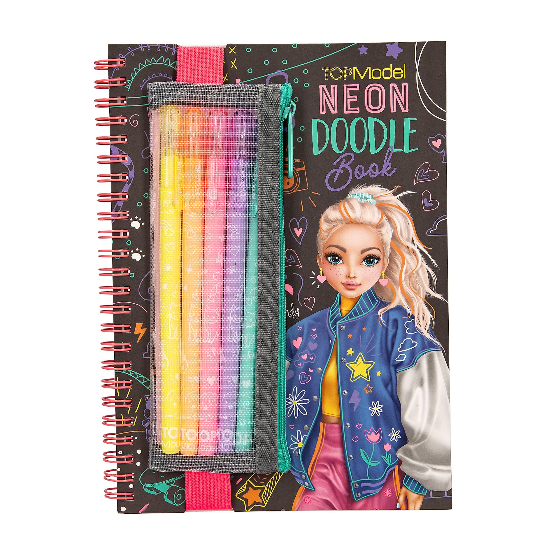 Depesche 13217 TOPModel Neon Doodle - Kleurboekset met 70 pagina's in zwart-wit, incl. 5 neon gelpennen en stickers