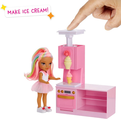 Rainbow High Littles Dessert Shop with Kandy Playset - Comes with a Small 14 cm Pink Doll, Make Ice Cream and Sweets, For Children Ages 4+
