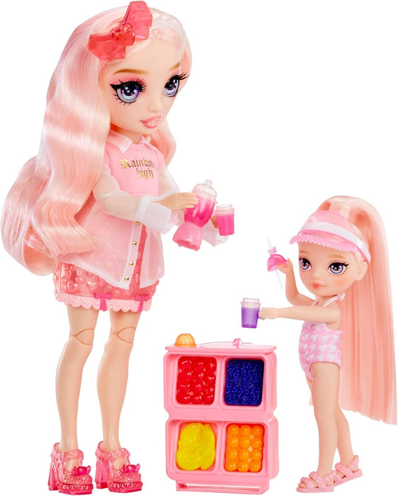 RAINBOW HIGH Littles Pool Day with Blush Playset - Incluye una Pequeña Muñeca Rosa de 14 cm, Piscina con Tobogán Arco Iris, Accesorios, Soporte para Batidos, para Niños Mayores de 4 Años