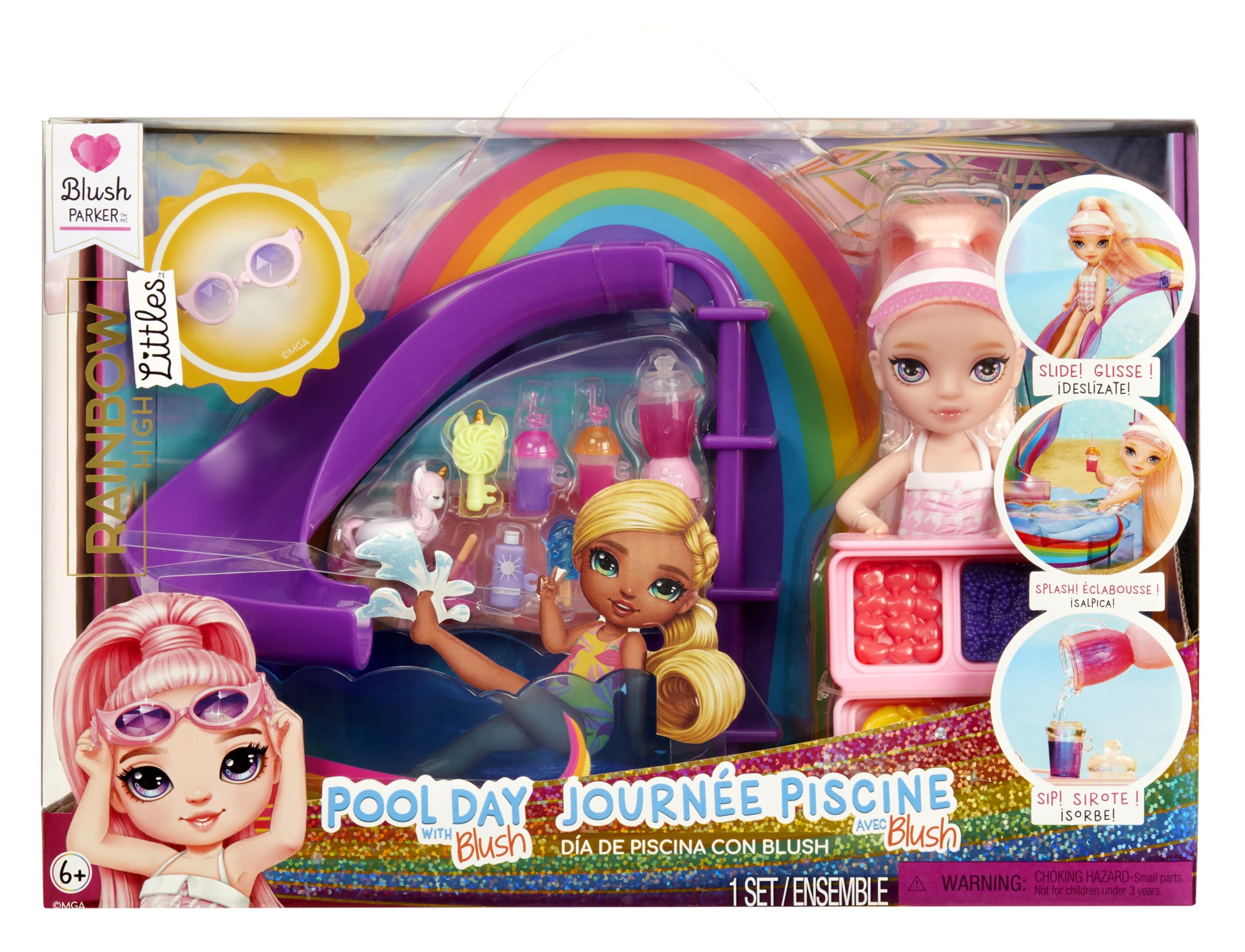 RAINBOW HIGH Littles Pool Day with Blush Playset - Incluye una Pequeña Muñeca Rosa de 14 cm, Piscina con Tobogán Arco Iris, Accesorios, Soporte para Batidos, para Niños Mayores de 4 Años