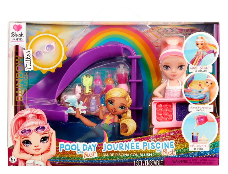 RAINBOW HIGH Littles Pool Day with Blush Playset - Incluye una Pequeña Muñeca Rosa de 14 cm, Piscina con Tobogán Arco Iris, Accesorios, Soporte para Batidos, para Niños Mayores de 4 Años