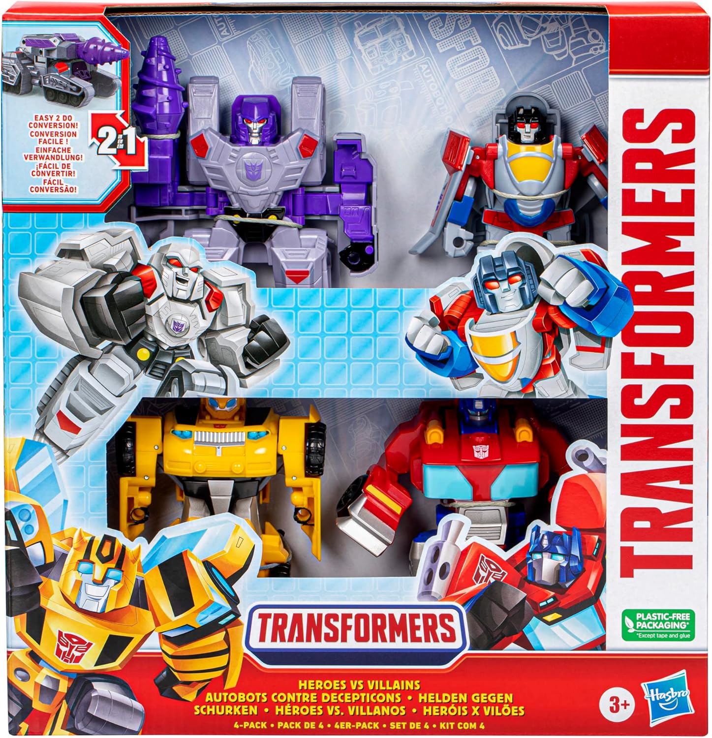 Transformers Toys Heroes vs Villains 4-Pack, Autobot and Decepticon 11-cm Action Figures, Preschool Robot Toys for Children Aged 3 and Up