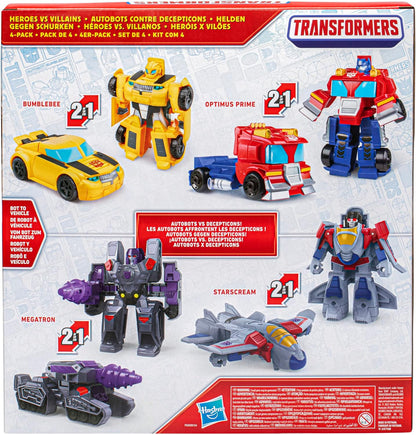 Transformers Toys Heroes vs Villains 4-Pack, Autobot and Decepticon 11-cm Action Figures, Preschool Robot Toys for Children Aged 3 and Up