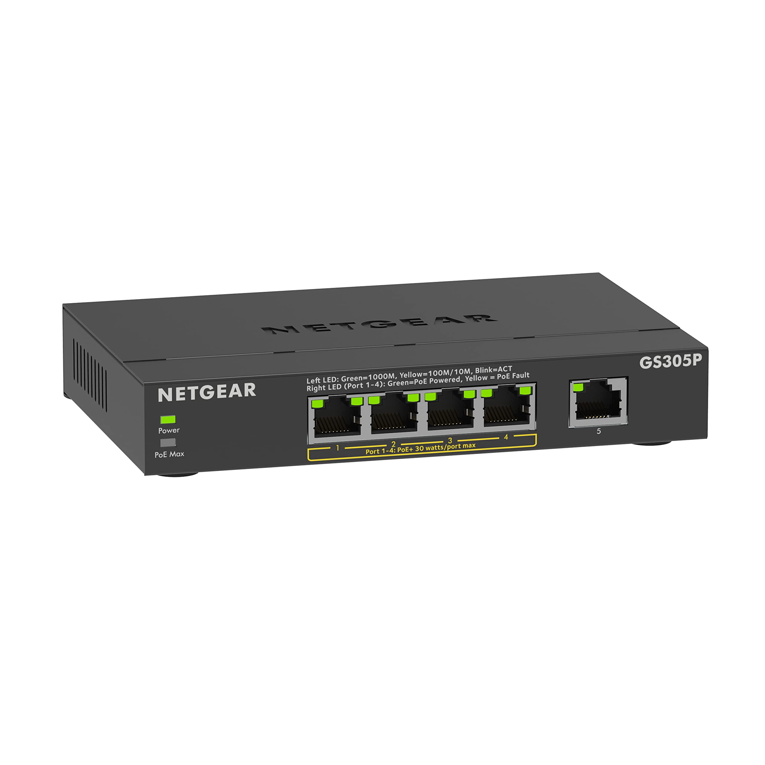NETGEAR PoE Switch 5 Port Gigabit Ethernet Plus Network Switch, GS305P, with 4 x PoE+, 63W, Desktop or Wall Mount