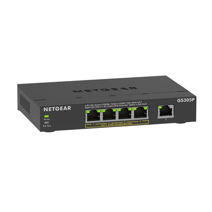NETGEAR PoE Switch 5 Port Gigabit Ethernet Plus Network Switch, GS305P, with 4 x PoE+, 63W, Desktop or Wall Mount