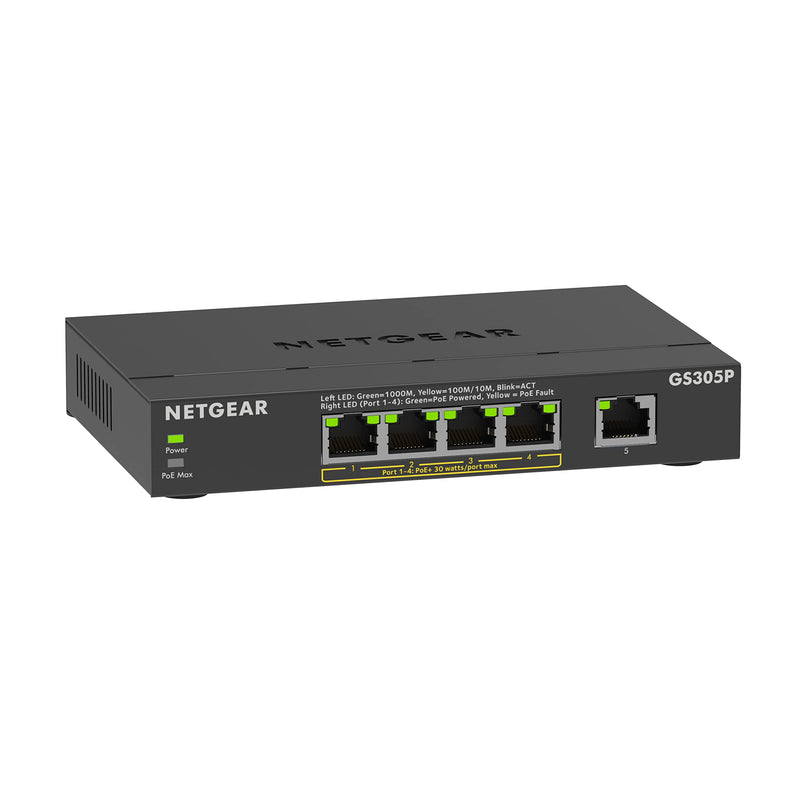 NETGEAR PoE Switch 5 Port Gigabit Ethernet Plus Network Switch, GS305P, with 4 x PoE+, 63W, Desktop or Wall Mount