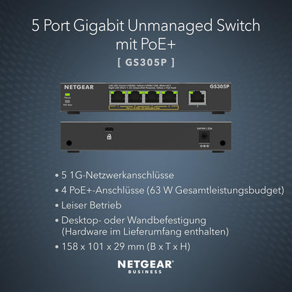 NETGEAR PoE Switch 5 Port Gigabit Ethernet Plus Network Switch, GS305P, with 4 x PoE+, 63W, Desktop or Wall Mount