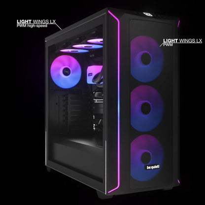 be quiet! Light Wings LX PWM Ventilateur haute vitesse 140 mm avec 3 ventilateurs, moyeu lumineux et pales givrées Plusieurs couleurs et effets, câble ARGB avec option de connexion en série