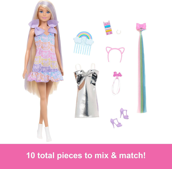 Barbie Fun & Fancy Doll & Accessories, Blonde Fashion Doll with Extra-Long Hair & 2 Looks, Including Silver Metallic Dress & Hair Extension, JCT72