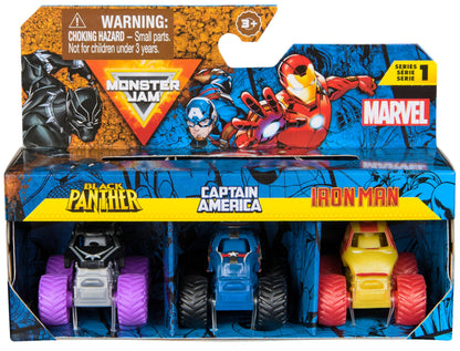 Monster Jam - Pack 3 Coches Monster Truck Marvel Oficial Escala 1:87 Metálicos: Black Panther, Capitán América y Iron Man - 6070229 - Coches para Niños - Juegos Infantiles - Juguetes Niños 3 años +