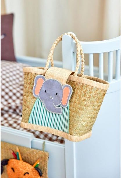 Rice Raffia Children's Bag with Cute Elephant Velcro Fastening, Handmade from 100% Sustainable Raffia in Madagascar, Perfect Size 20 x 12 x 18 cm, Lightweight and Unique, Unique