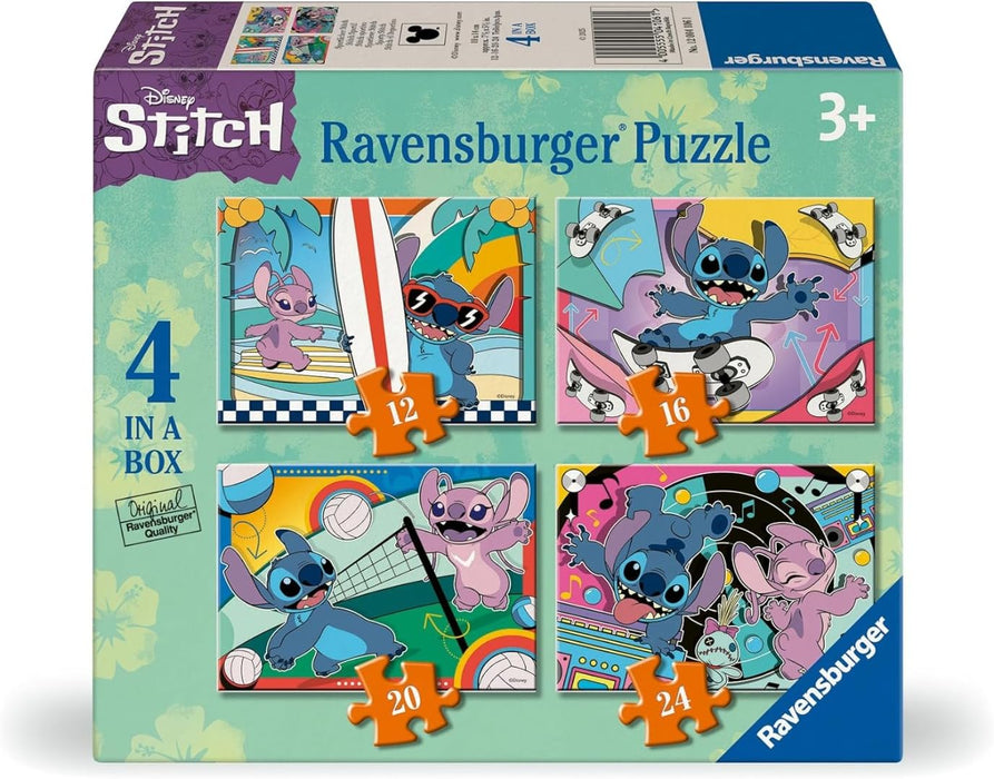 Ravensburger - 2D-puzzel voor kinderen, 4-in-box-12/16/20/24 stukjes, Disney Stitch, 12004106