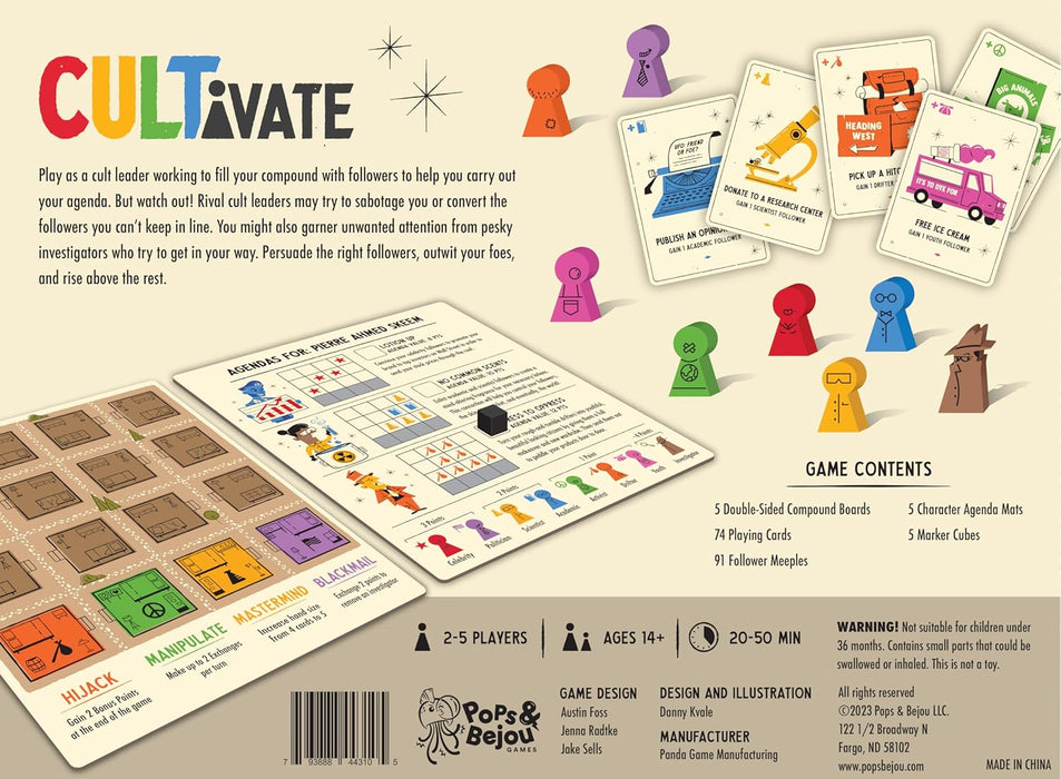 Cultivate Board Game | Award-Winning | Satirical Cult Leaders | Casual Board Game | Take-That | Ages 14+ | for 2-5 Players | 20-50 Min Playtime | Made by Pops & Bejou Games