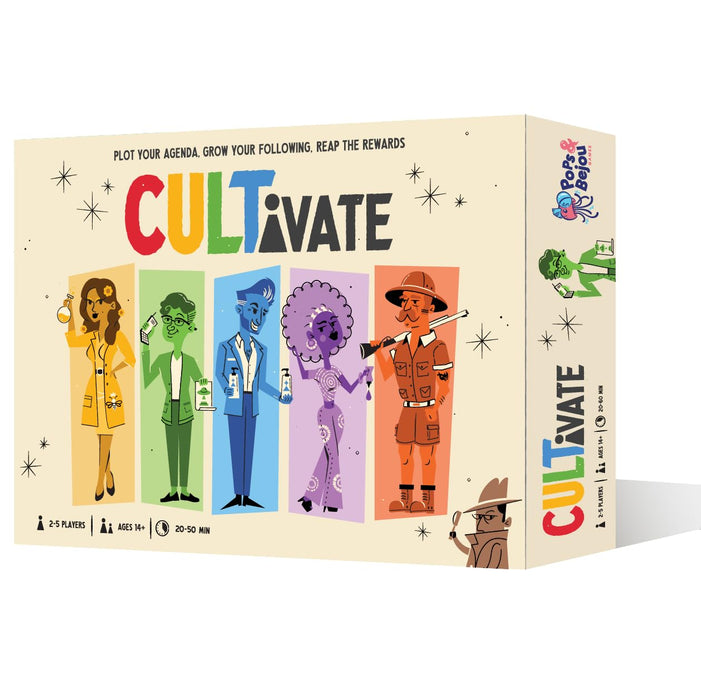 Cultivate Board Game | Award-Winning | Satirical Cult Leaders | Casual Board Game | Take-That | Ages 14+ | for 2-5 Players | 20-50 Min Playtime | Made by Pops & Bejou Games