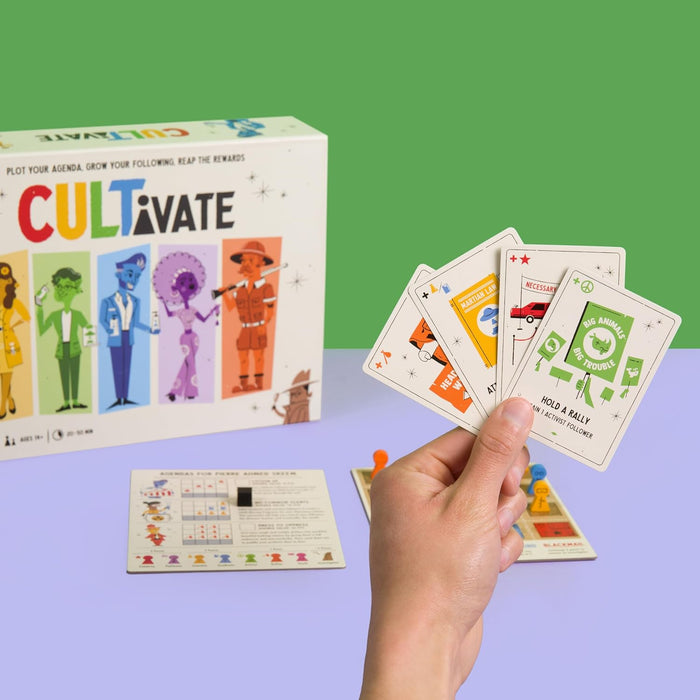 Cultivate Board Game | Award-Winning | Satirical Cult Leaders | Casual Board Game | Take-That | Ages 14+ | for 2-5 Players | 20-50 Min Playtime | Made by Pops & Bejou Games