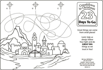 DaySpring - The Shepherd on The Search - Count Down to Christmas Coloring Placemats (Set of 25 Christmas Coloring Pages) (90953), Large, Blue